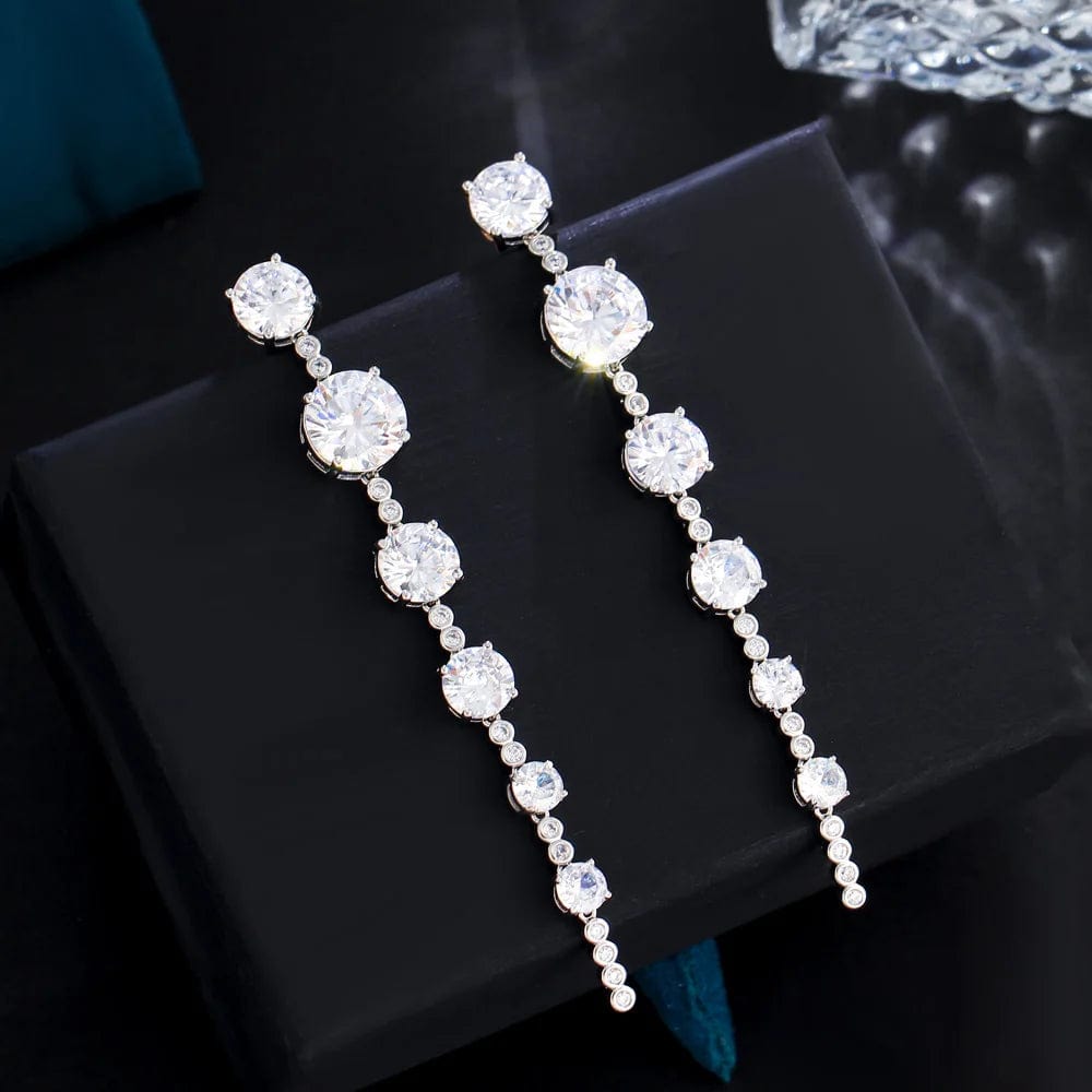 E0993 Sparkly White Round CZ Crystal Jewelry Bridal Super Long Earrings for women Wedding Dress Cubic Zirconia Accessories