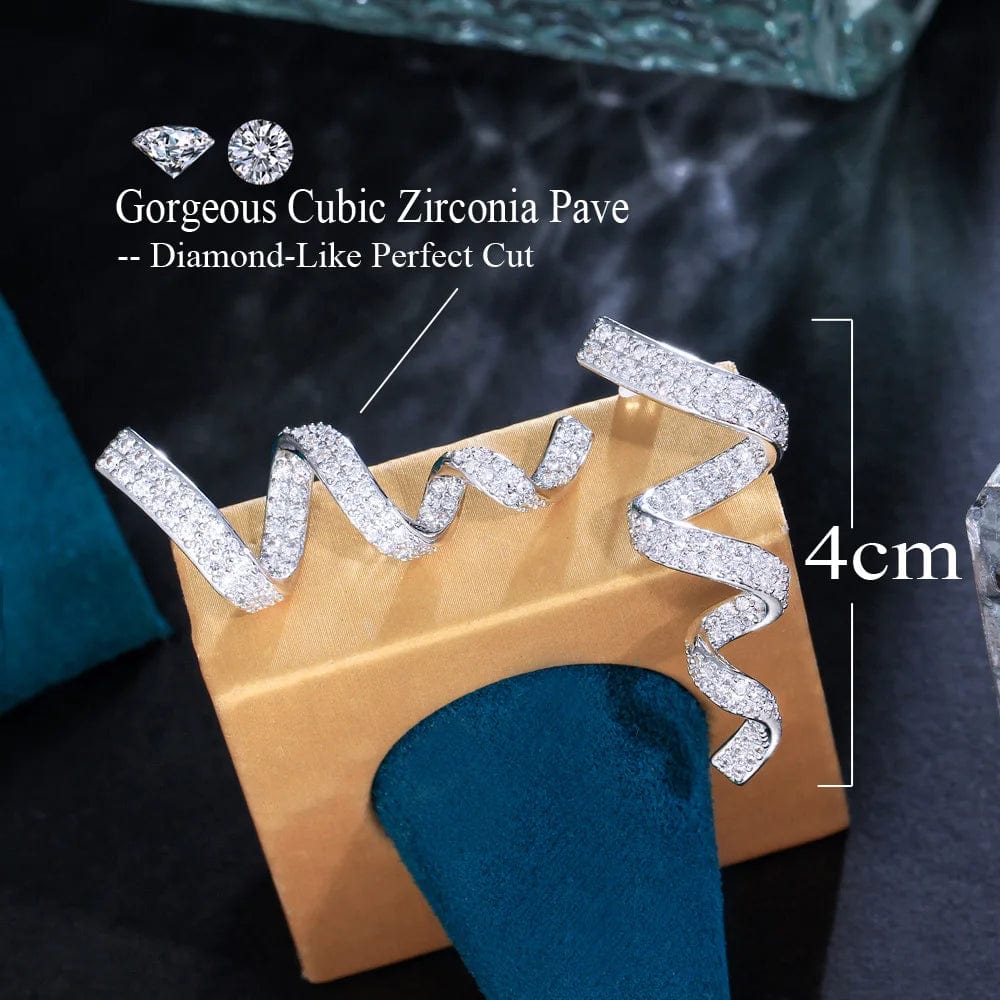 E1011 Rotational Ribbon Shape Full White Cubic Zirconia Paved Long Dangle Drop Earrings for Women Unique Designer CZ Party Jewelry