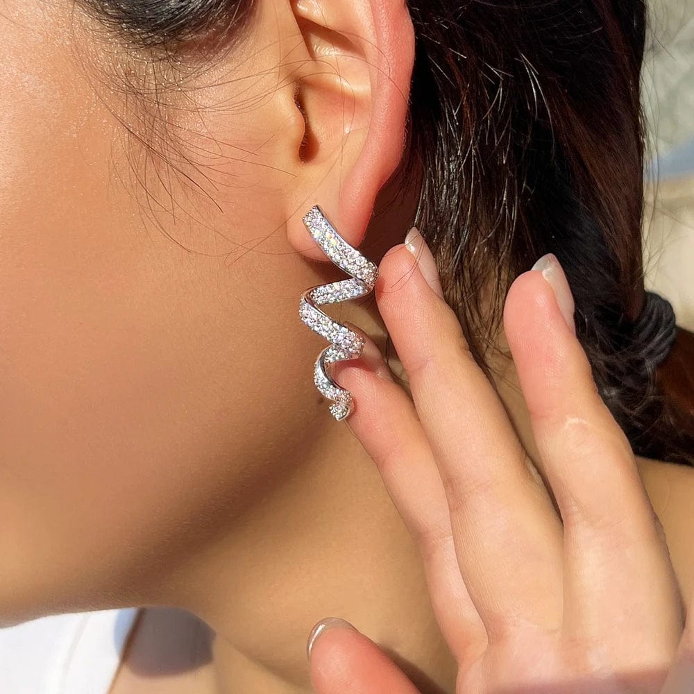 E1011 Rotational Ribbon Shape Full White Cubic Zirconia Paved Long Dangle Drop Earrings for Women Unique Designer CZ Party Jewelry