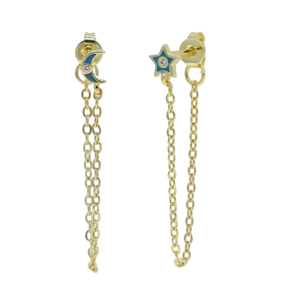 E972-Light Blue promotion fashion asymmetry moon star gold plated long chain tassels charm stud earrings women girls