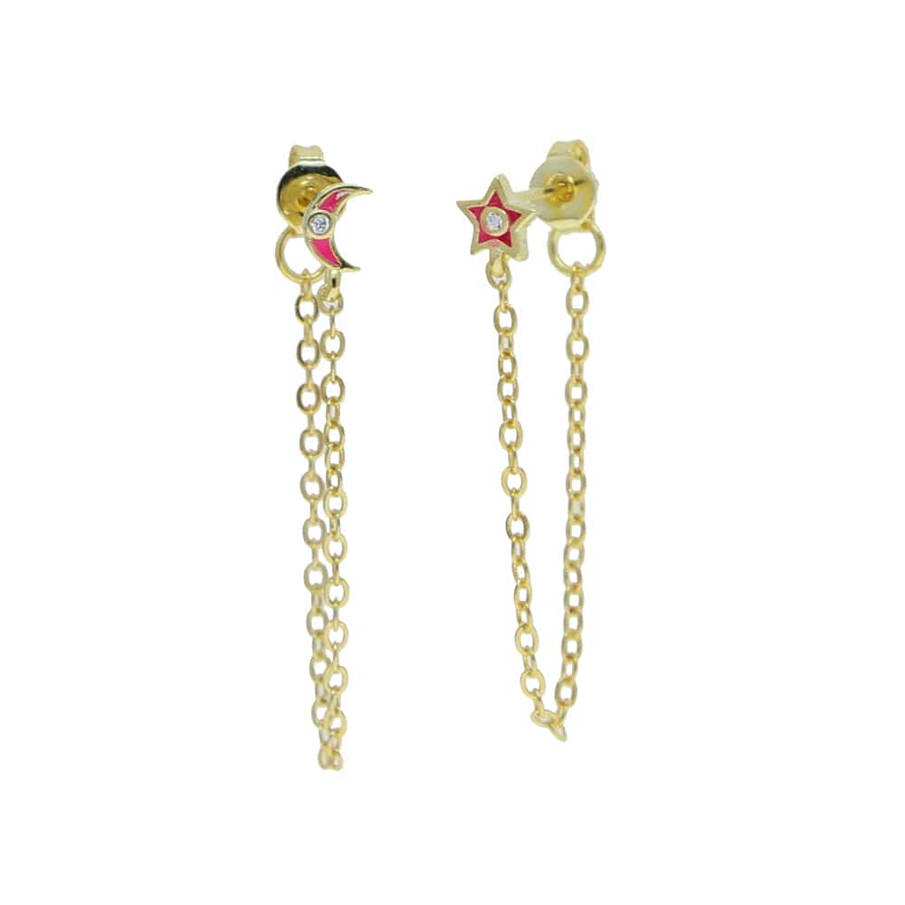 E972-Pink promotion fashion asymmetry moon star gold plated long chain tassels charm stud earrings women girls