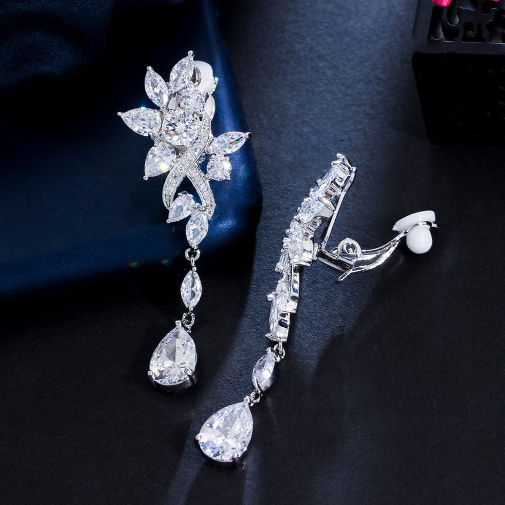 EJ0030 No Ear Hole Style Cubic Zircon Flower Drop Wedding Bridal Party Long Clip on Earrings without Piercing for Women Jewelry