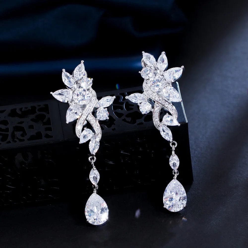 EJ0030 No Ear Hole Style Cubic Zircon Flower Drop Wedding Bridal Party Long Clip on Earrings without Piercing for Women Jewelry