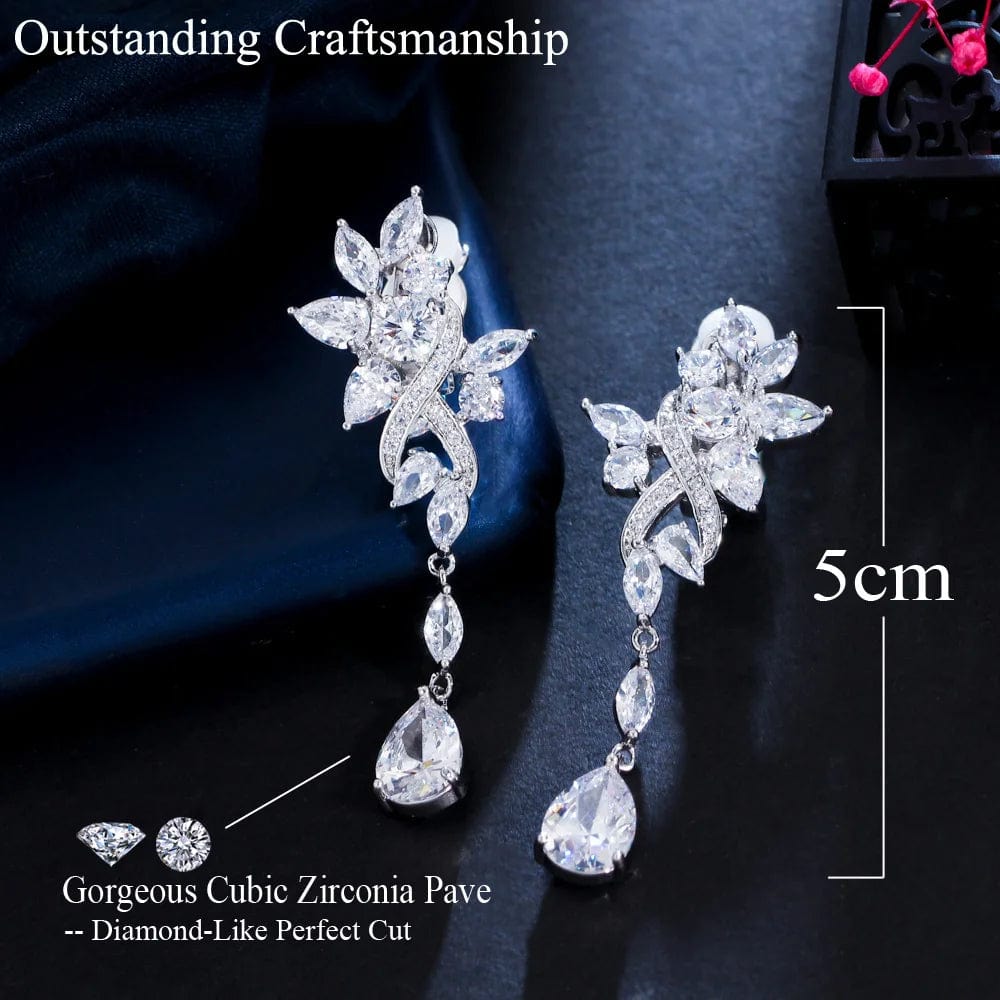 EJ0030 No Ear Hole Style Cubic Zircon Flower Drop Wedding Bridal Party Long Clip on Earrings without Piercing for Women Jewelry