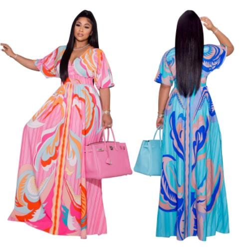 Elegant Floral Print Maxi Beach Dresses V Neck Flare Sleeve Women Maxi Dress 2022 Side Split Dresses Women For Church