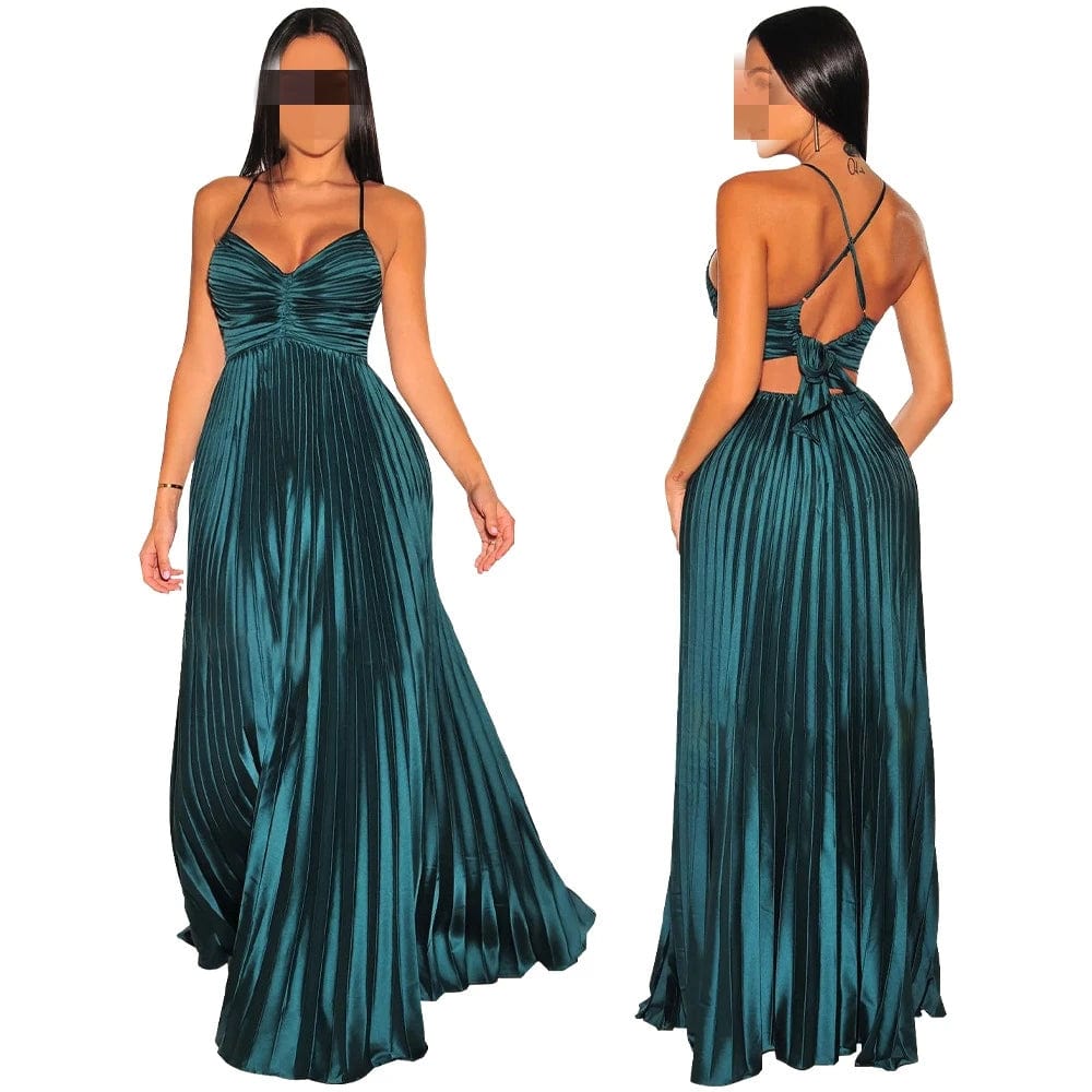 elegant K10679 Hot Selling Summer Women Deep Neck Sexy Backless Cross Slip Dress Gradient Pleated Prom Evening Party Long Dresses