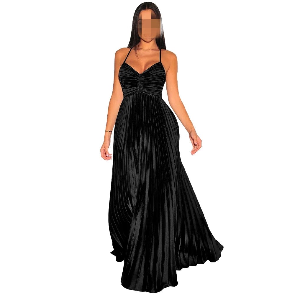 elegant K10679 Hot Selling Summer Women Deep Neck Sexy Backless Cross Slip Dress Gradient Pleated Prom Evening Party Long Dresses