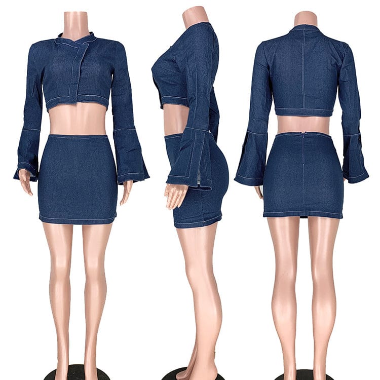 Elegant Trumpet Long Sleeve Crop Top With Jeans Skirt Two Piece Set Women