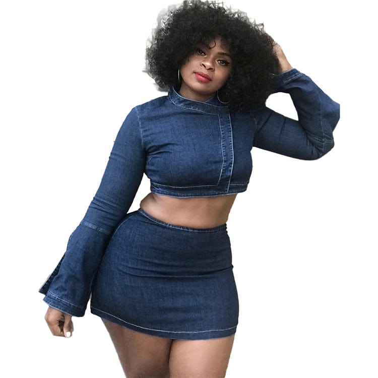 Elegant Trumpet Long Sleeve Crop Top With Jeans Skirt Two Piece Set Women