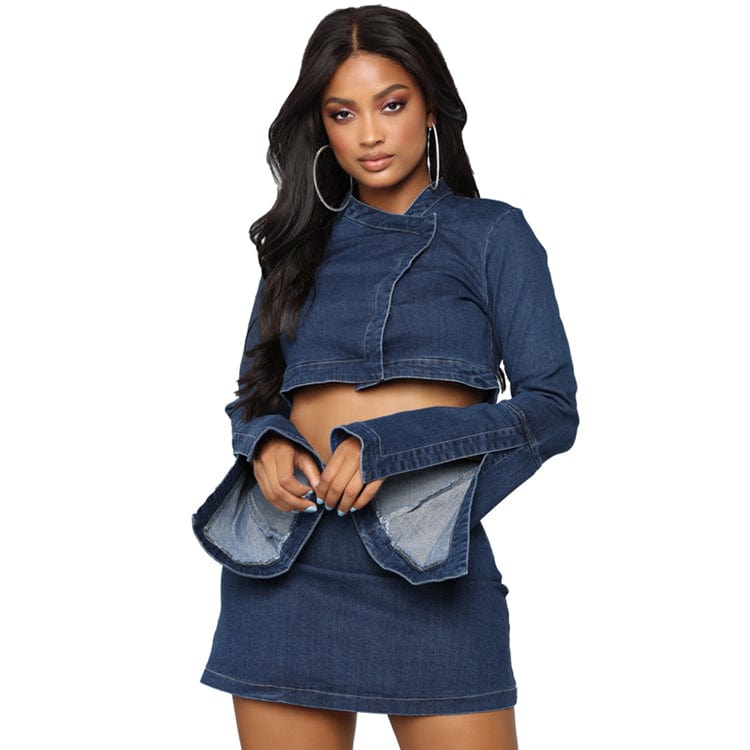 Elegant Trumpet Long Sleeve Crop Top With Jeans Skirt Two Piece Set Women