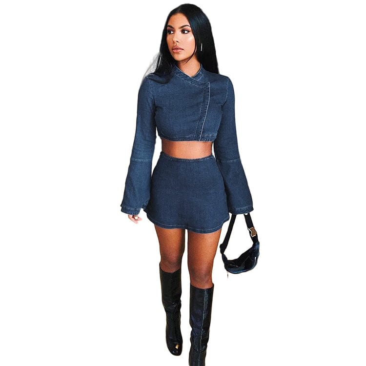 Elegant Trumpet Long Sleeve Crop Top With Jeans Skirt Two Piece Set Women