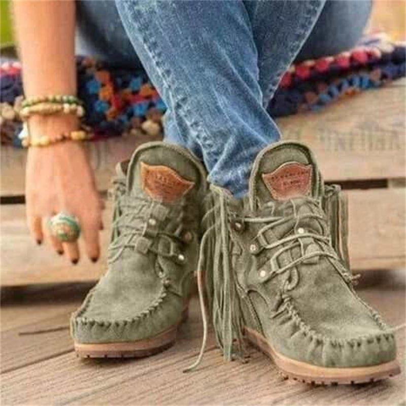 EU 35=US 4 / green Fall Winter Latest Blue Tassel Boots Lace Up Shoes Low Heel Comfortable Flat Boots For Womens Ankle Boots