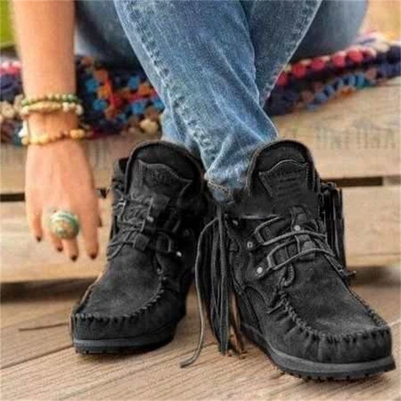 EU 37=US 6 / black Fall Winter Latest Blue Tassel Boots Lace Up Shoes Low Heel Comfortable Flat Boots For Womens Ankle Boots