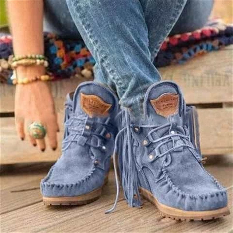 EU 38=US 7 / Blue Fall Winter Latest Blue Tassel Boots Lace Up Shoes Low Heel Comfortable Flat Boots For Womens Ankle Boots