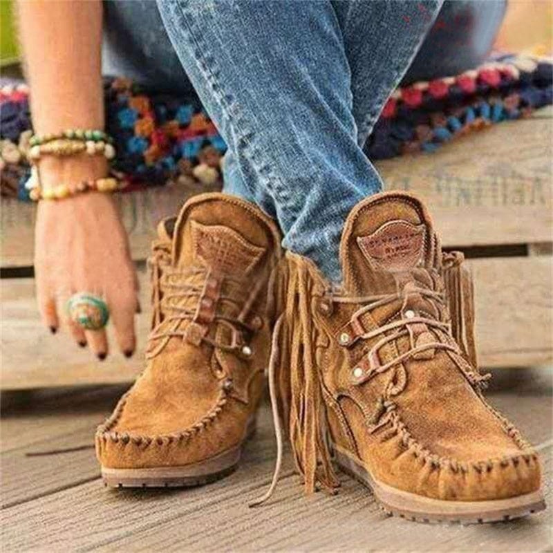 EU 40=US 9 / Brown Fall Winter Latest Blue Tassel Boots Lace Up Shoes Low Heel Comfortable Flat Boots For Womens Ankle Boots