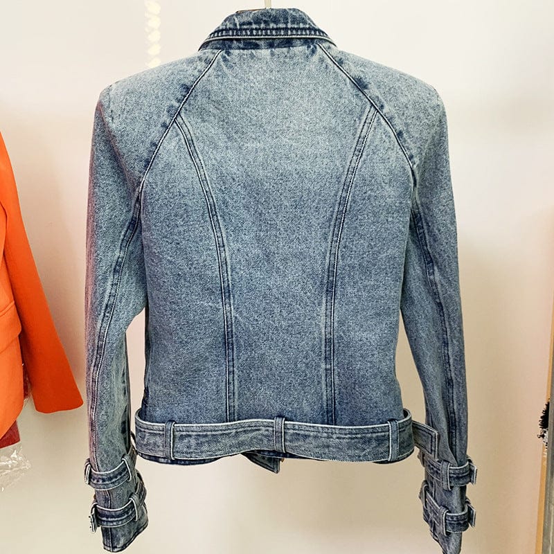 European And American New Spring Women's Slim-fitting Jacket Double-breasted Zipper Oblique Denim Motorcycle Jacket