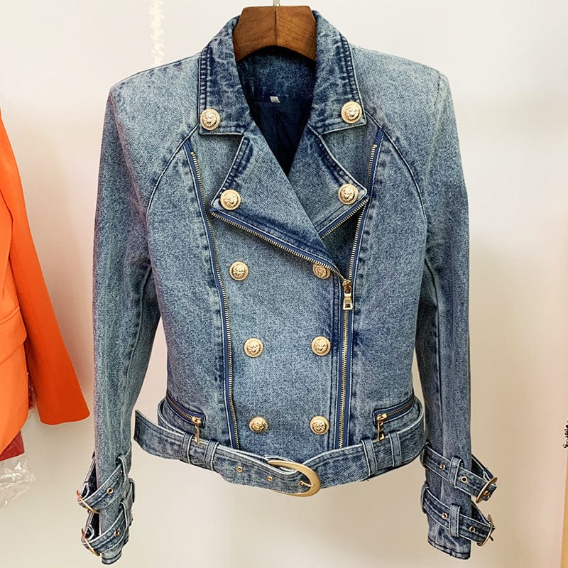 European And American New Spring Women's Slim-fitting Jacket Double-breasted Zipper Oblique Denim Motorcycle Jacket