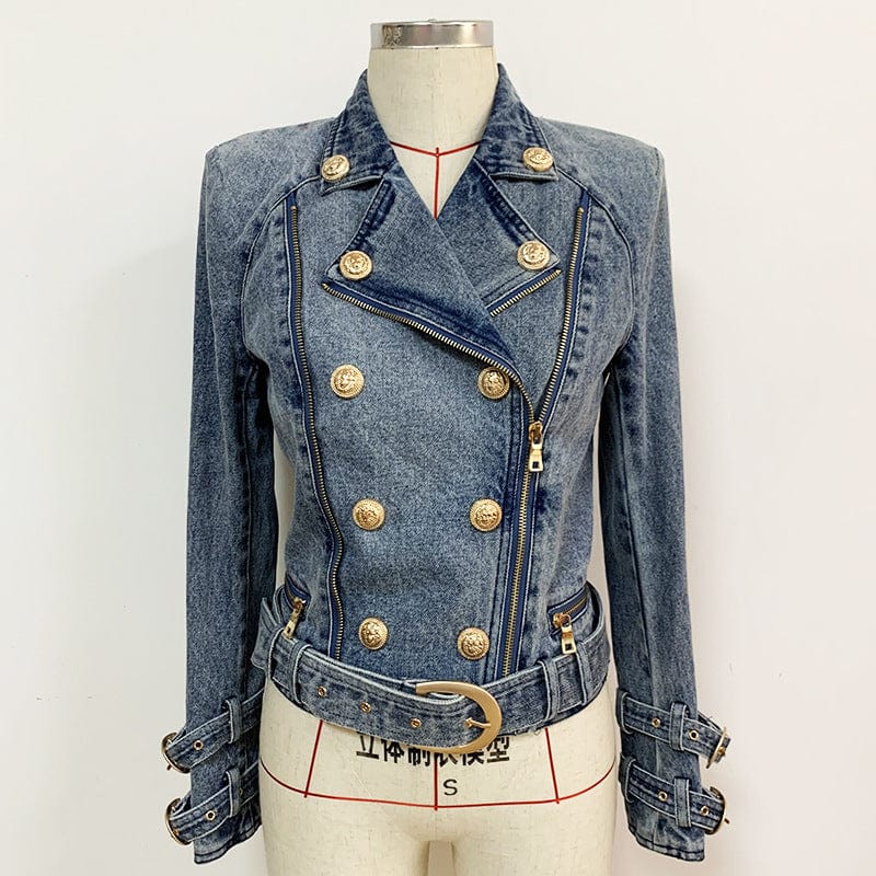 European And American New Spring Women's Slim-fitting Jacket Double-breasted Zipper Oblique Denim Motorcycle Jacket