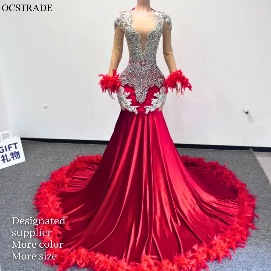 evening dress, prom Ocstrade Custom Made Feather Sleeve Rhinestone Puffy Ball Gown Red Prom Dresses 2023 Elegant Vestido Evening Dresses Women Long