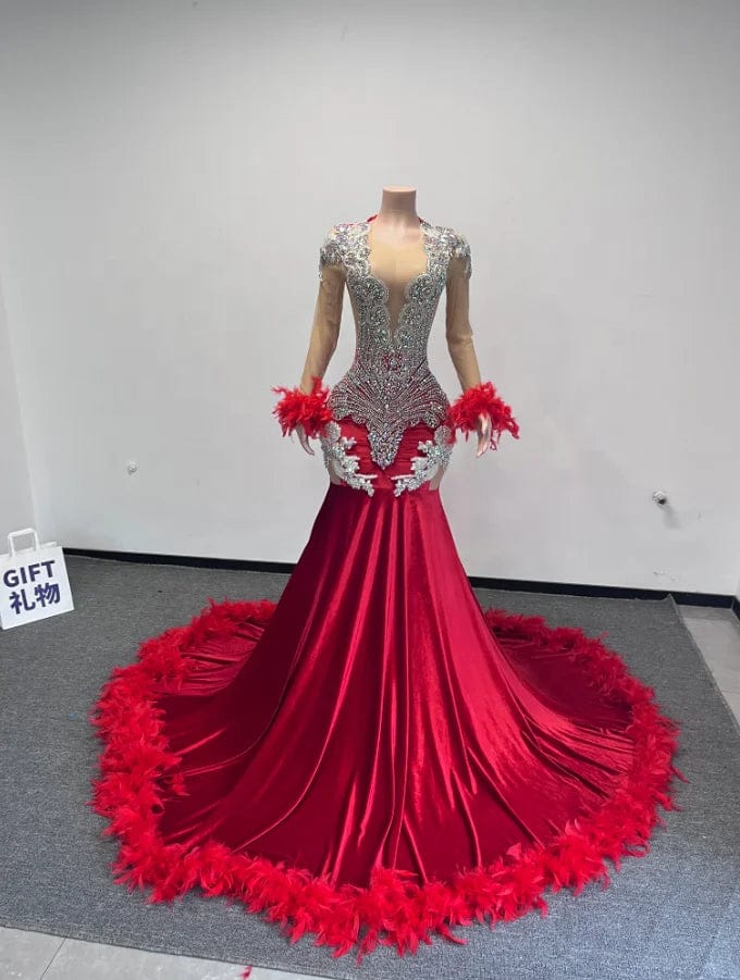 evening dress, prom Ocstrade Custom Made Feather Sleeve Rhinestone Puffy Ball Gown Red Prom Dresses 2023 Elegant Vestido Evening Dresses Women Long