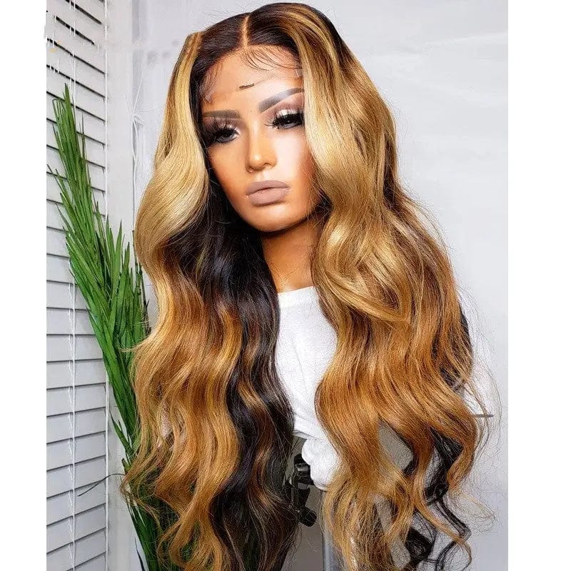 Exotic Invisible Knots Honey Brown Highlight Wig Ocean Wave Cuticle Aligned Human Hair Lace Front Wigs