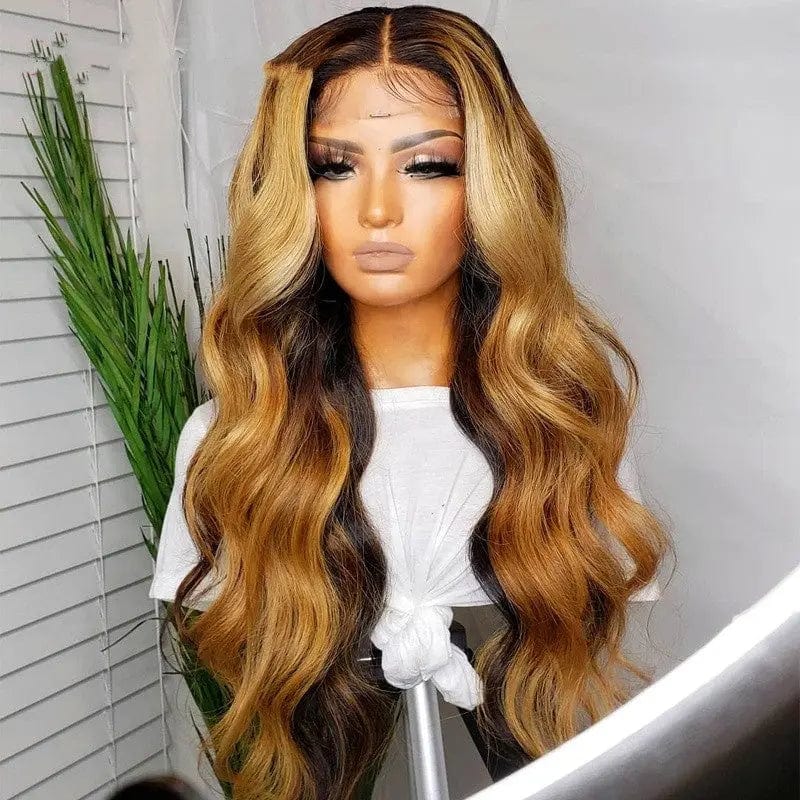 Exotic Invisible Knots Honey Brown Highlight Wig Ocean Wave Cuticle Aligned Human Hair Lace Front Wigs