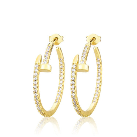 Exquisite Micro Pave Zirconia Nail Earrings 18k Gold Plated Zircon CZ Nail Shape Hoop Earrings