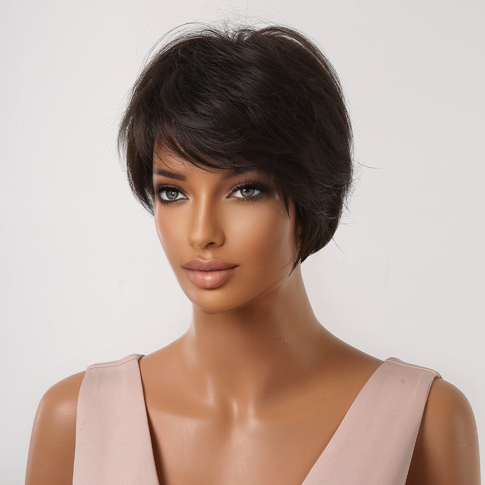 Factory Price Direct Sales Dark Brown Short Pixie Cut Synthetic Wigs with Bangs Daily/Party Wig Machine Made Heat Resistant Hair