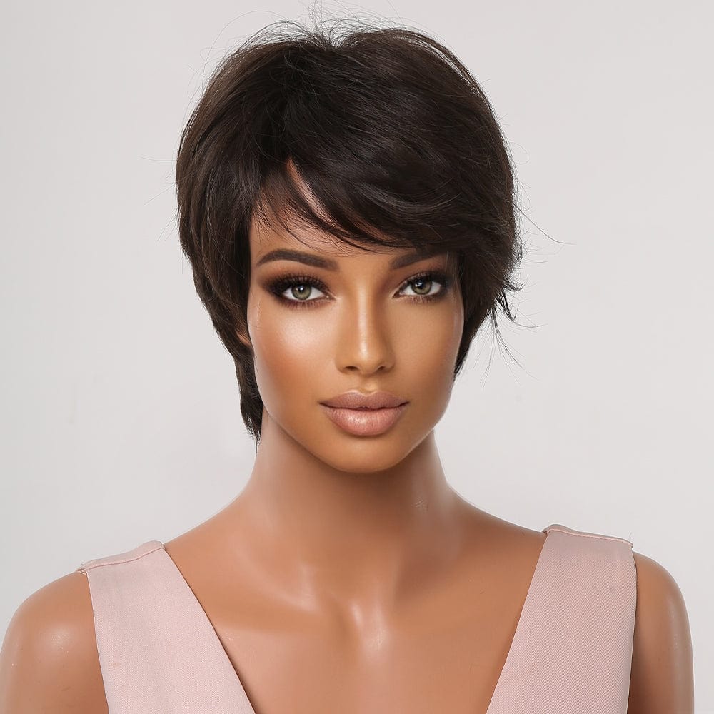 Factory Price Direct Sales Dark Brown Short Pixie Cut Synthetic Wigs with Bangs Daily/Party Wig Machine Made Heat Resistant Hair