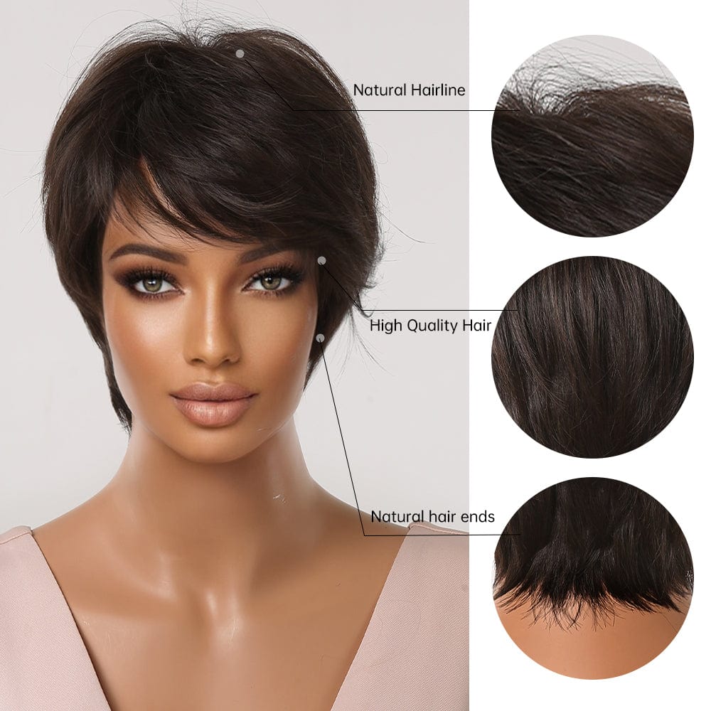 Factory Price Direct Sales Dark Brown Short Pixie Cut Synthetic Wigs with Bangs Daily/Party Wig Machine Made Heat Resistant Hair