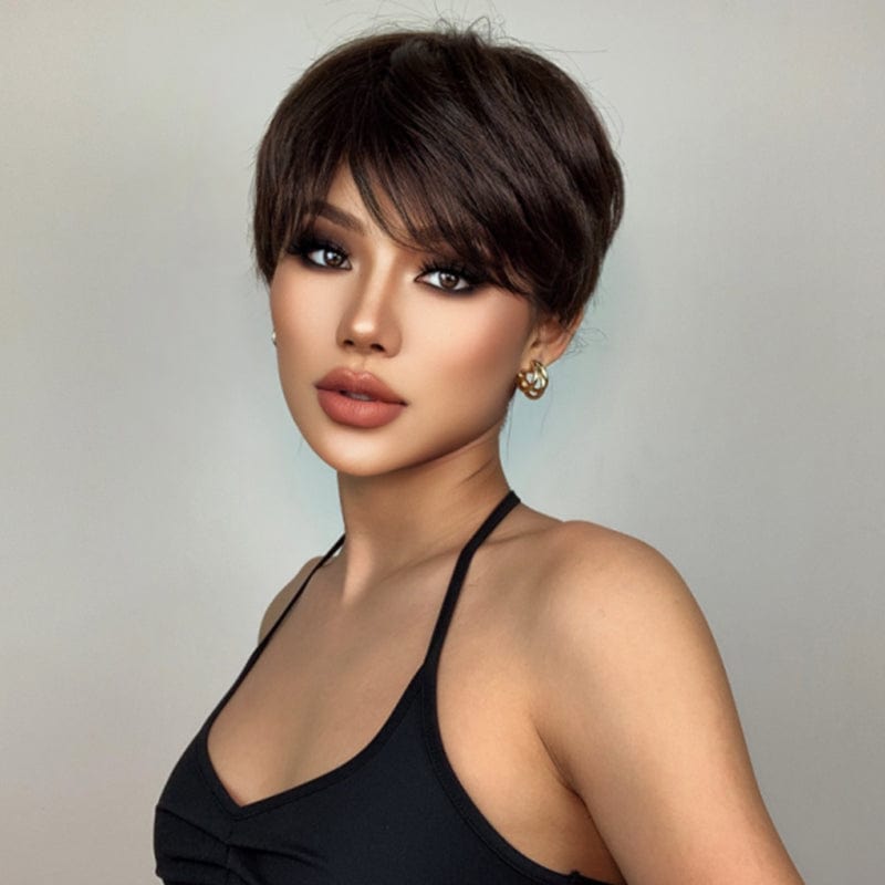 Factory Price Direct Sales Dark Brown Short Pixie Cut Synthetic Wigs with Bangs Daily/Party Wig Machine Made Heat Resistant Hair