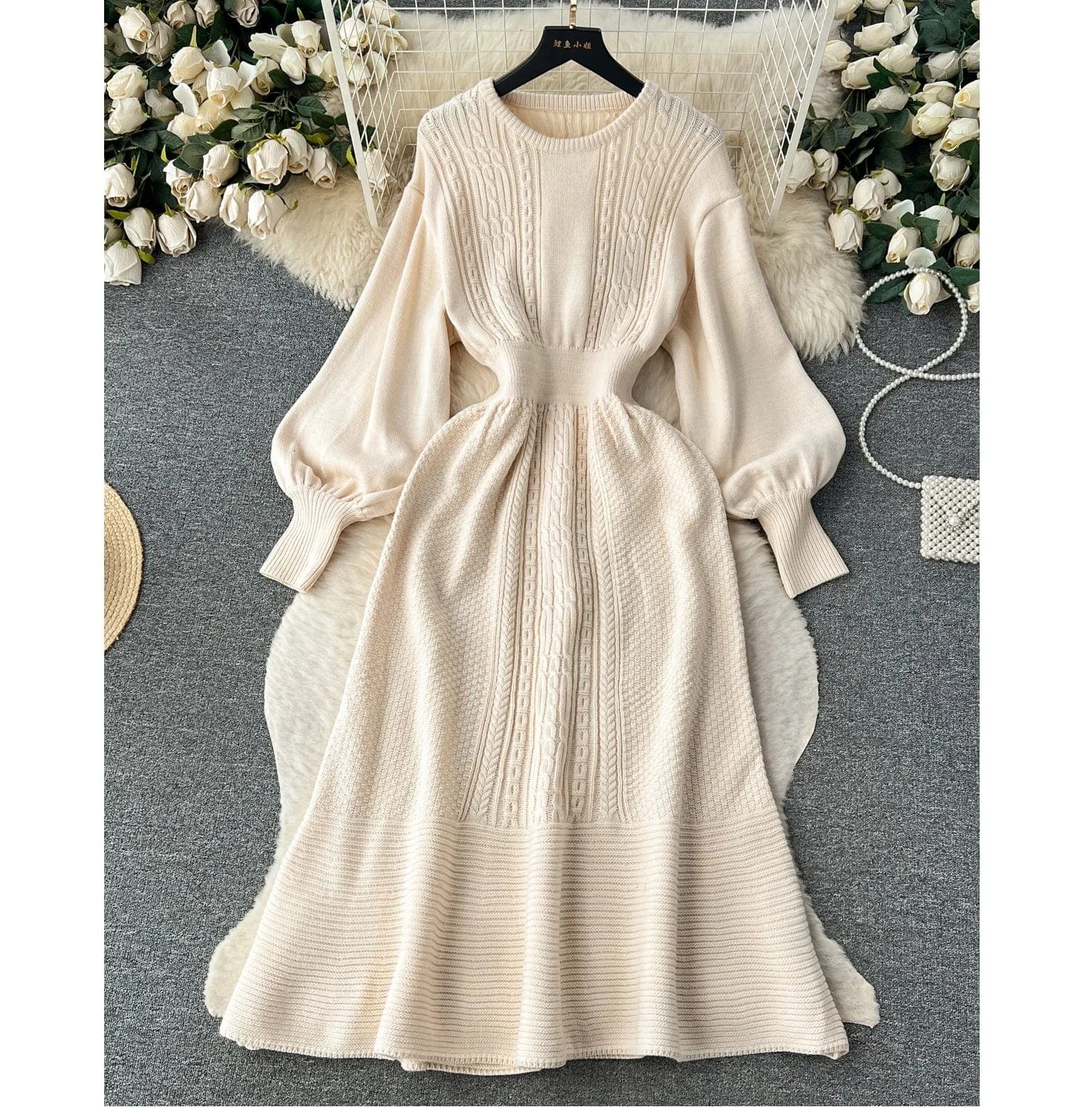 Fall And Winter New Sweater Round Neck Waisted Mid-Length Bubble Sleeve Knit Dresses