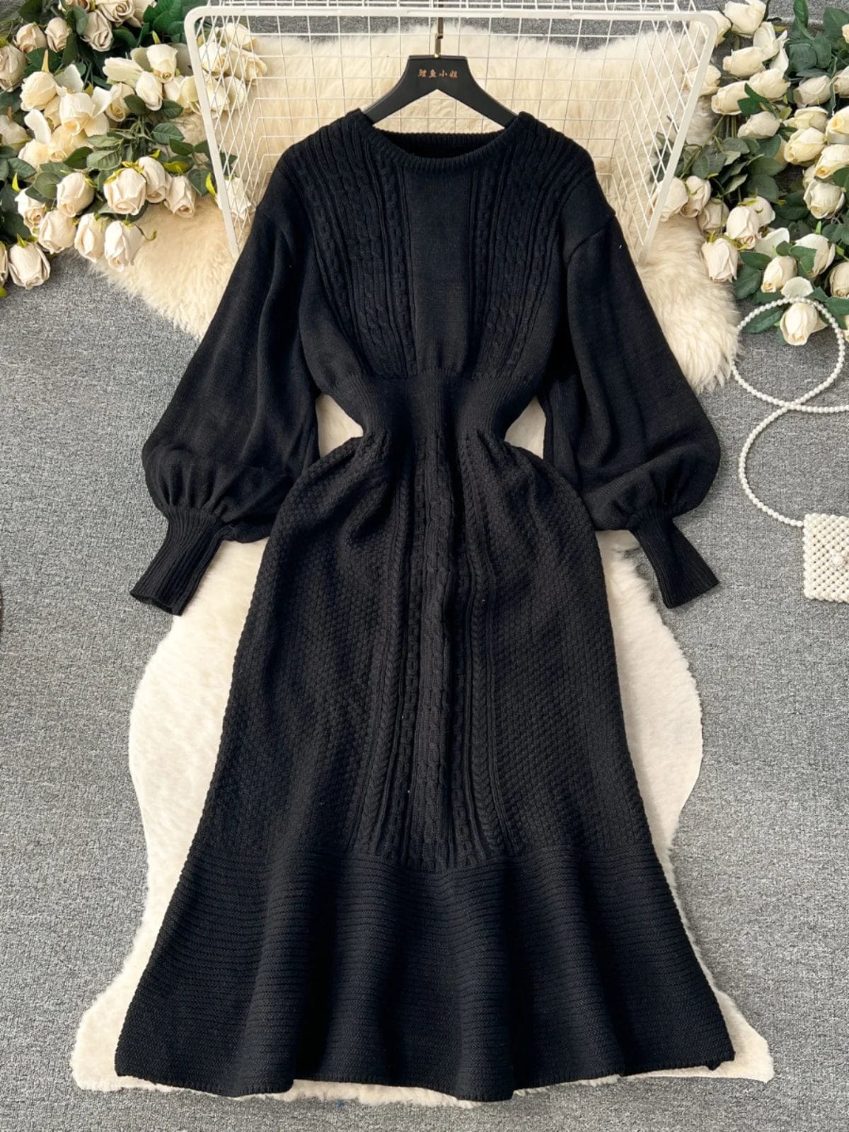 Fall And Winter New Sweater Round Neck Waisted Mid-Length Bubble Sleeve Knit Dresses