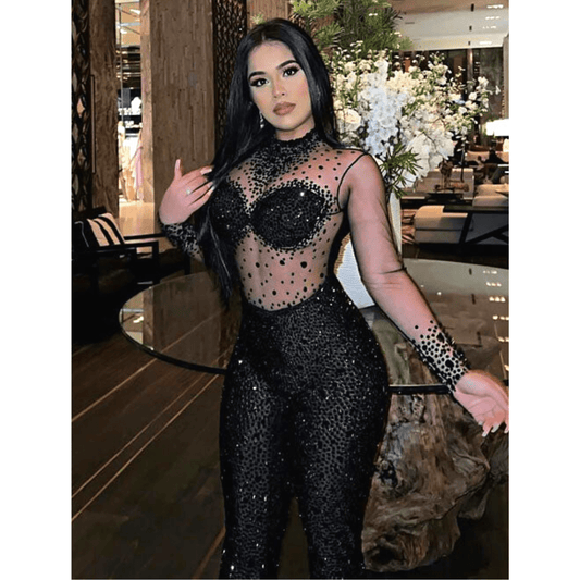 Fall Black Long Sleeve Sexy Women Mesh See Through Jumpsuit Bodysuit Sparkly Rhinestone Diamond Bodycon Jumpsuits Party