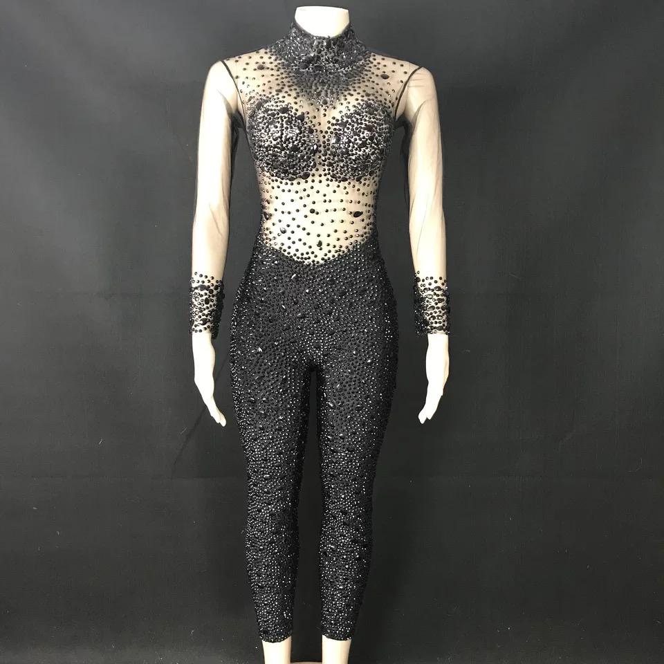 Fall Black Long Sleeve Sexy Women Mesh See Through Jumpsuit Bodysuit Sparkly Rhinestone Diamond Bodycon Jumpsuits Party