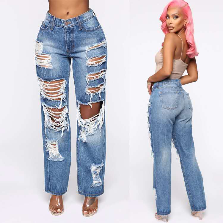 Fall boutique high waisted ripped jeans Fancy girls stylish scratch trousers female women ripped destroyed jeans Streetwear Jean