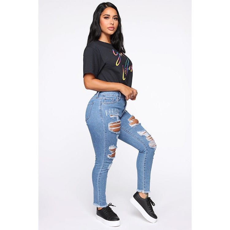 Fall boutique high waisted ripped jeans Fancy girls stylish scratch trousers female women ripped destroyed jeans Streetwear Jean