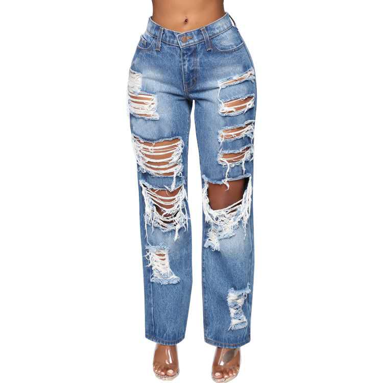 Fall boutique high waisted ripped jeans Fancy girls stylish scratch trousers female women ripped destroyed jeans Streetwear Jean