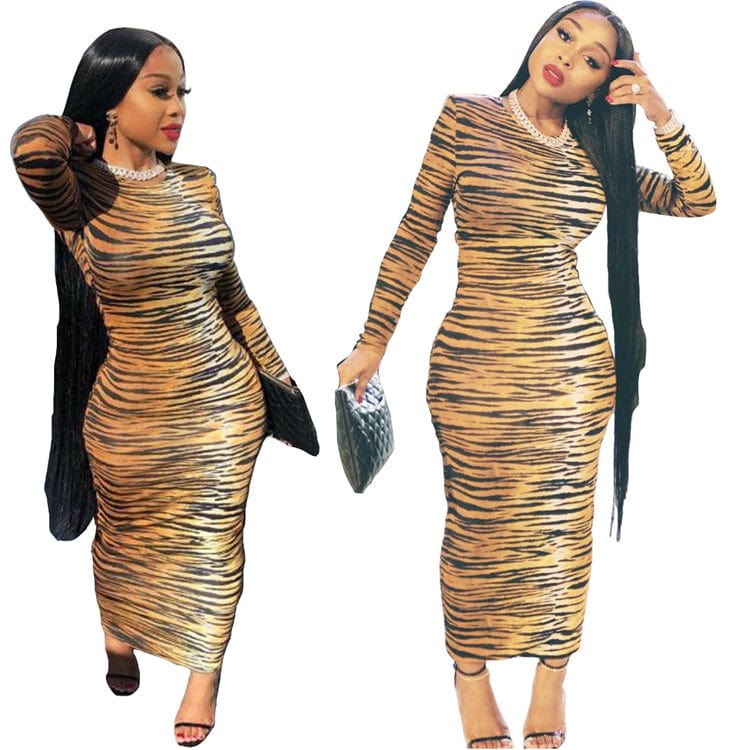 fall clothing for women polyester long sleeve zebra stripe bodycon maxi dress women