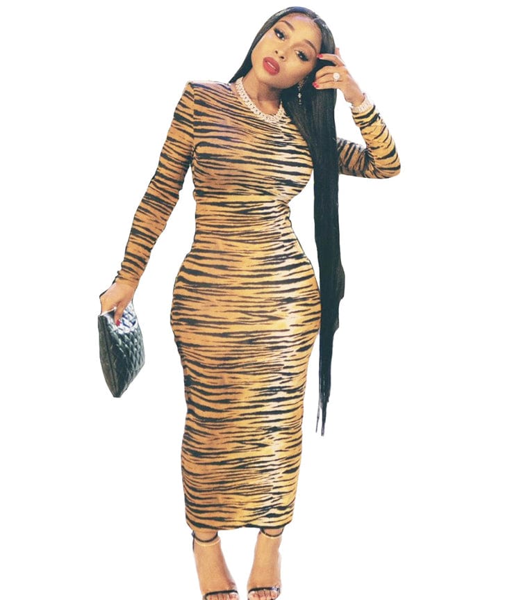 fall clothing for women polyester long sleeve zebra stripe bodycon maxi dress women