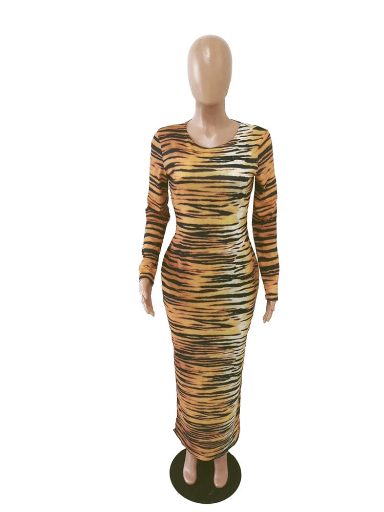 fall clothing for women polyester long sleeve zebra stripe bodycon maxi dress women