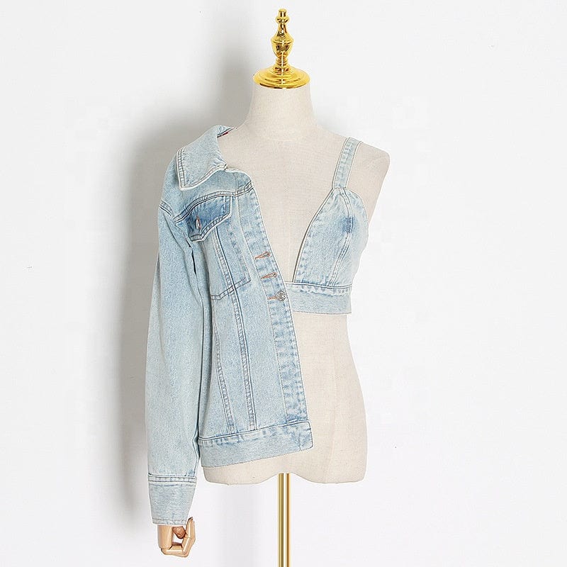 Fall Fashion Streetwear Lady Denim Irregular Asymmetrical Top Sexy One Sleeve Blue Jeans Denim Jacket Women