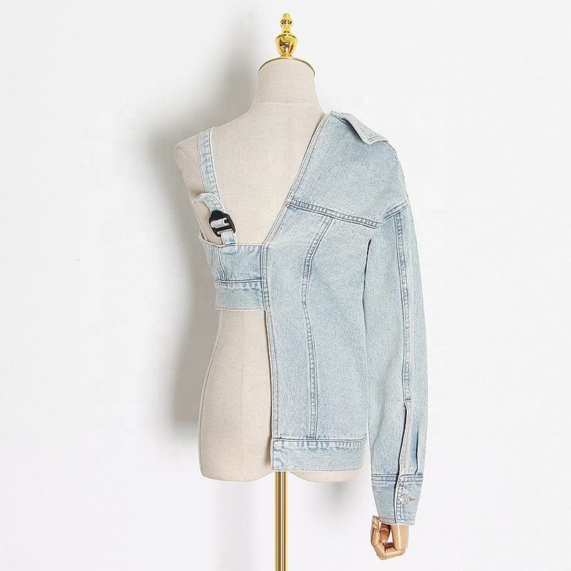 Fall Fashion Streetwear Lady Denim Irregular Asymmetrical Top Sexy One Sleeve Blue Jeans Denim Jacket Women