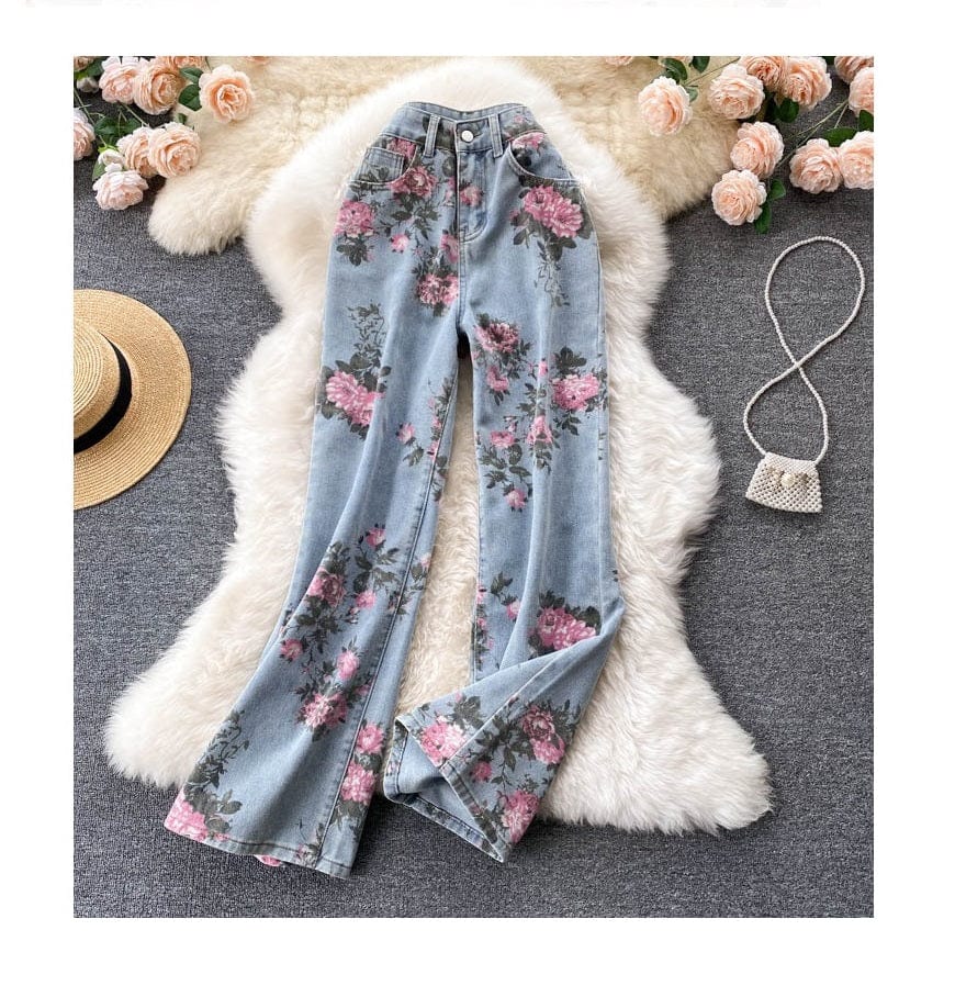 Fall new girl high waist rose straight cut Jeans Sagging sensation high waist pants