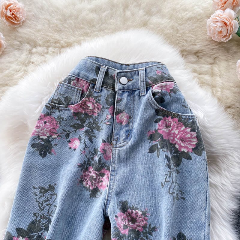 Fall new girl high waist rose straight cut Jeans Sagging sensation high waist pants