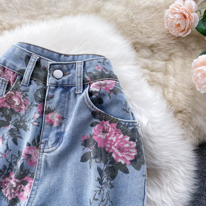 Fall new girl high waist rose straight cut Jeans Sagging sensation high waist pants