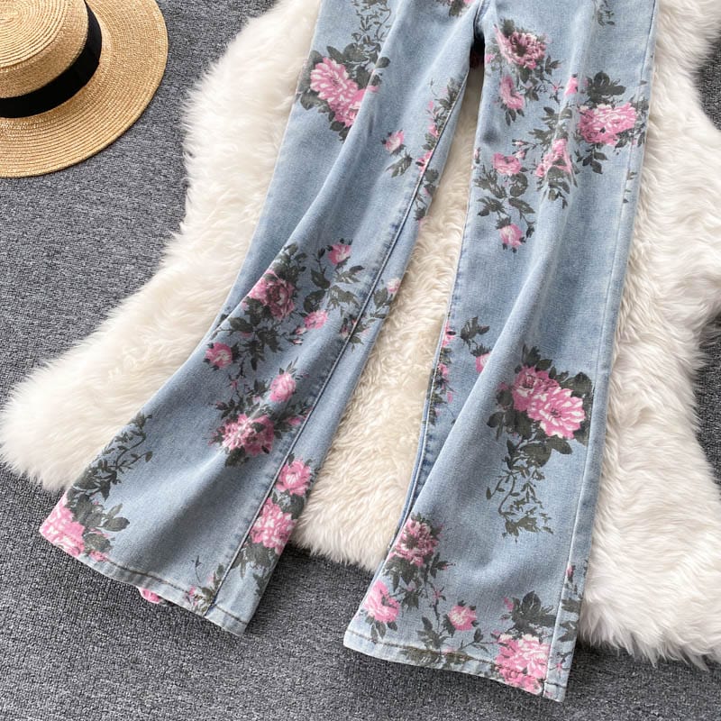 Fall new girl high waist rose straight cut Jeans Sagging sensation high waist pants