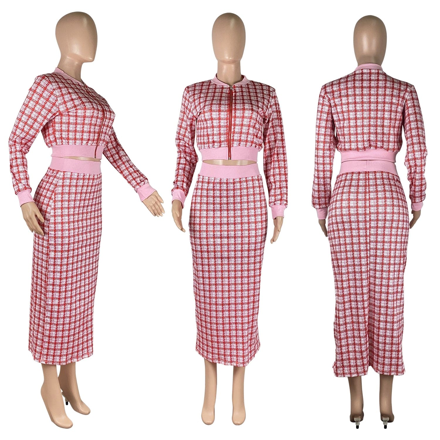 Fall Sets 2022 Printed Threaded Plaid 2 Two Piece Set Women Long Sleeve Jackets Bodycon Mid Skirts Suit