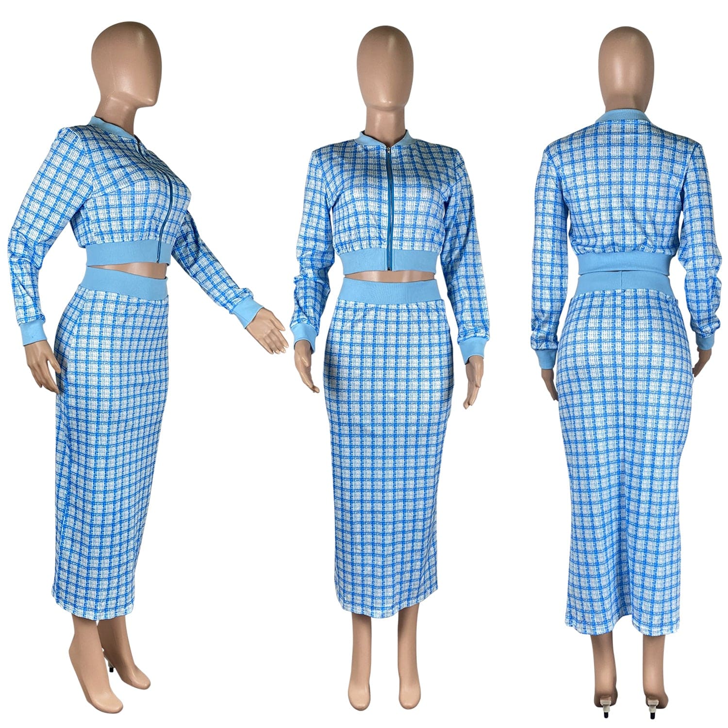 Fall Sets 2022 Printed Threaded Plaid 2 Two Piece Set Women Long Sleeve Jackets Bodycon Mid Skirts Suit