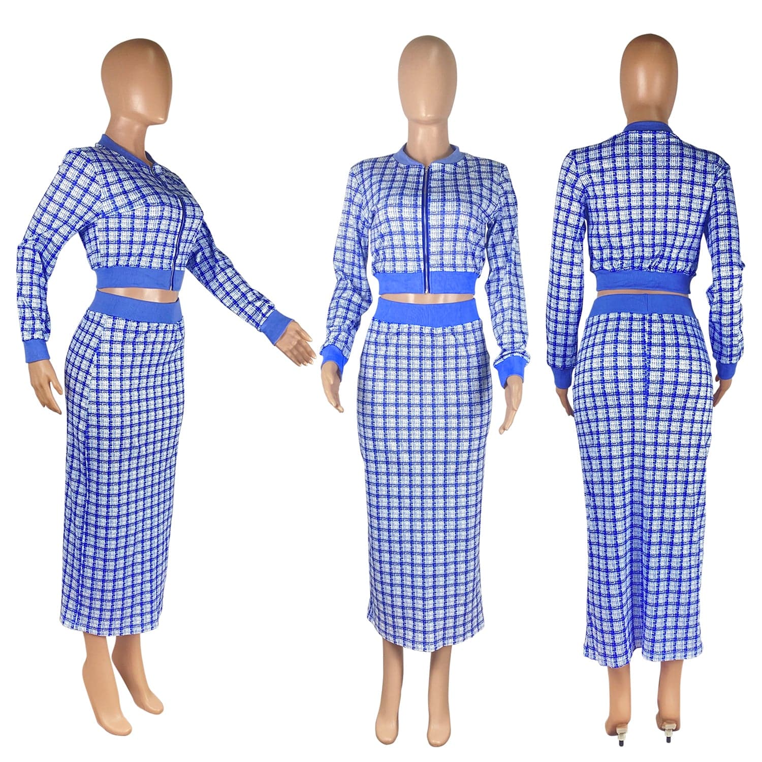 Fall Sets 2022 Printed Threaded Plaid 2 Two Piece Set Women Long Sleeve Jackets Bodycon Mid Skirts Suit